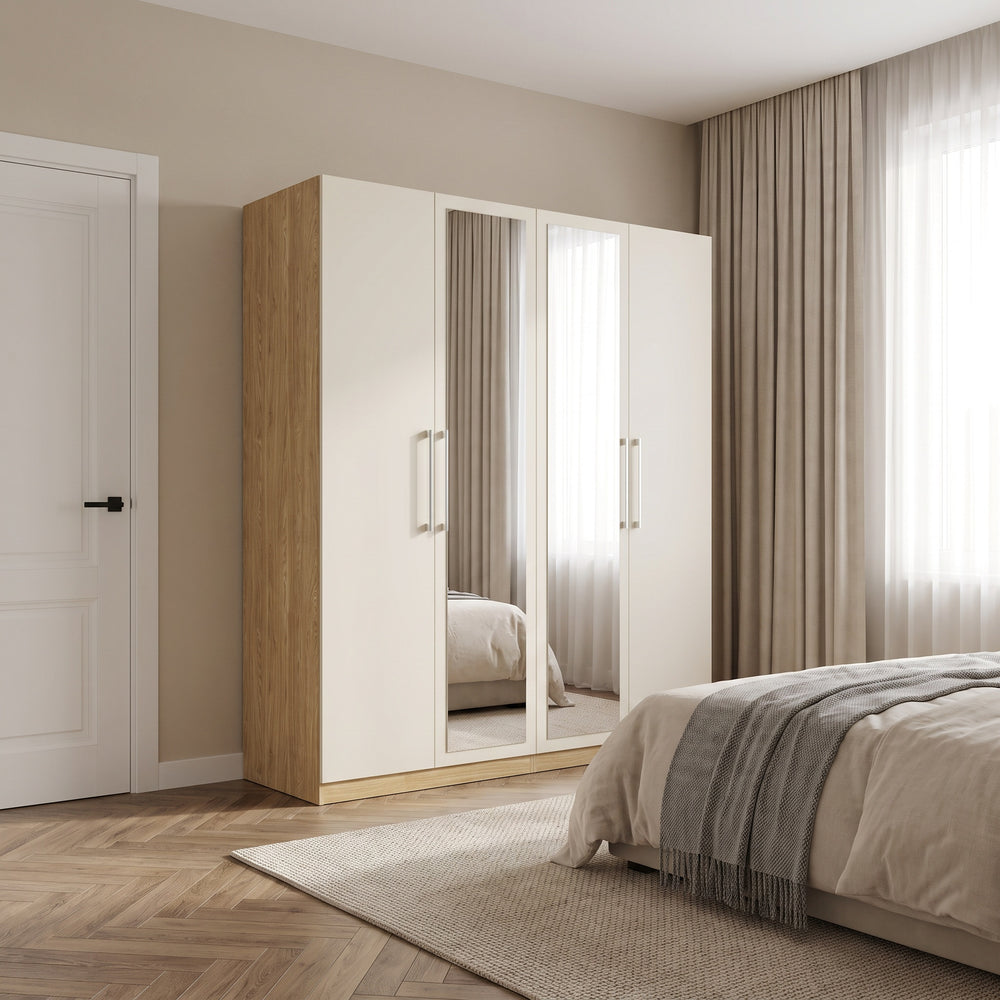 Harley 4 Door 180cm Mirrored Wardrobe - Cashmere & Oak - FurniComp