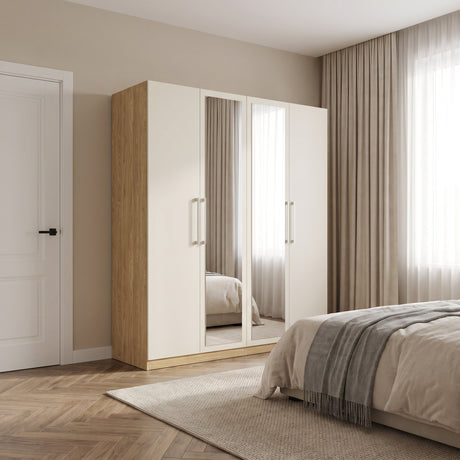 Harley 4 Door 180cm Mirrored Wardrobe - Cashmere & Oak - FurniComp