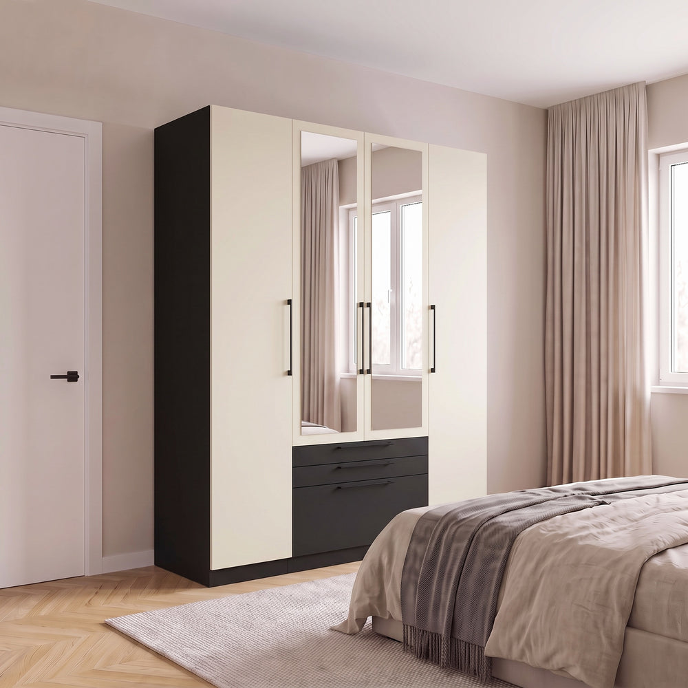 Harley 4 Door 3 drawer 180cm Mirrored Wardrobe - Cashmere & Anthracite Grey - FurniComp
