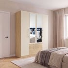 Harley 4 Door 3 drawer 180cm Mirrored Wardrobe - Cashmere & Oak - FurniComp
