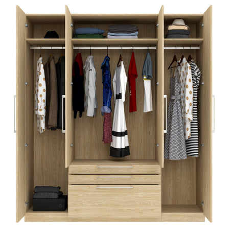 Harley 4 Door 3 drawer 180cm Mirrored Wardrobe - Cashmere & Oak - FurniComp