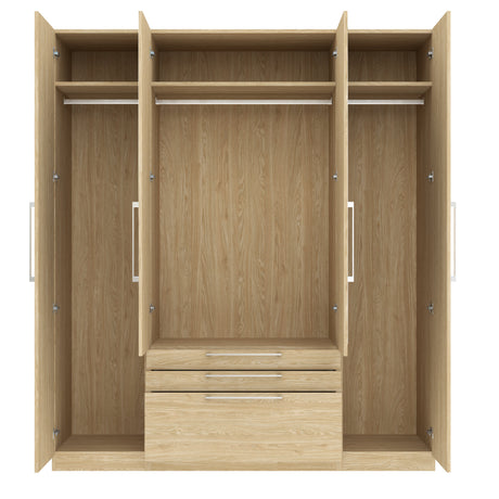 Harley 4 Door 3 drawer 180cm Mirrored Wardrobe - Cashmere & Oak - FurniComp