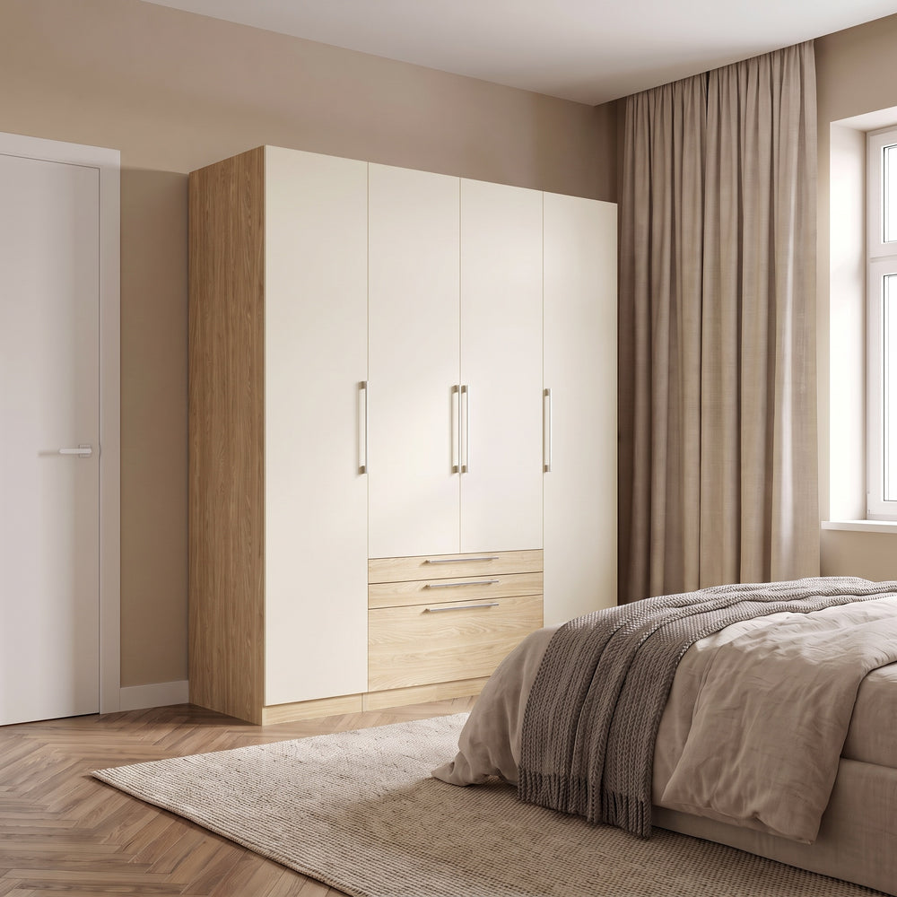 Harley 4 Door 3 drawer 180cm Wardrobe - Cashmere & Oak - FurniComp