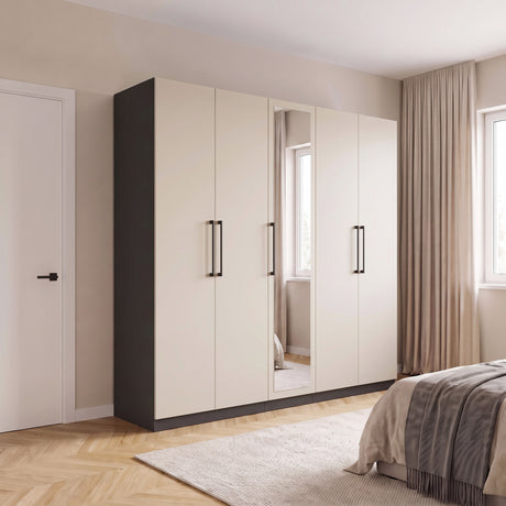 Harley 5 Door 230cm Mirrored Wardrobe - Cashmere & Anthracite Grey - FurniComp