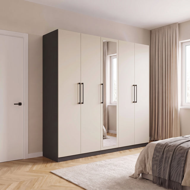 Harley 5 Door 230cm Mirrored Wardrobe - Cashmere & Anthracite Grey - FurniComp