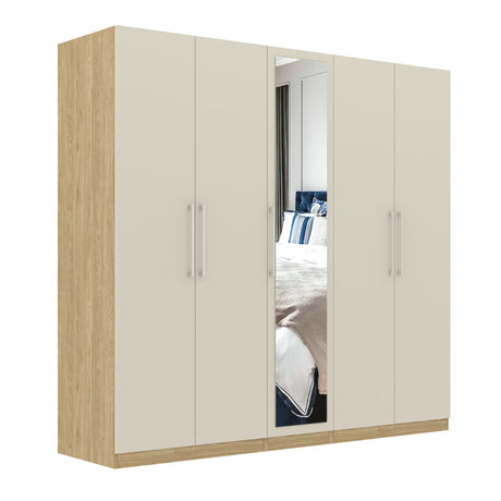 Harley 5 Door 230cm Mirrored Wardrobe - Cashmere & Oak - FurniComp