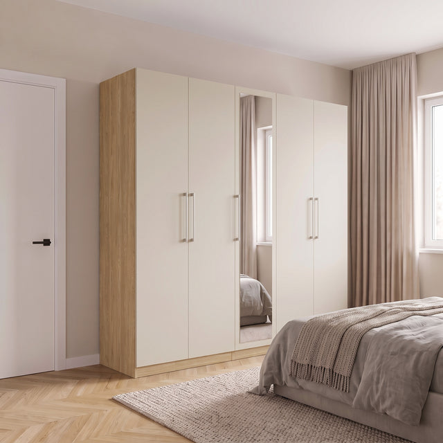 Harley 5 Door 230cm Mirrored Wardrobe - Cashmere & Oak - FurniComp