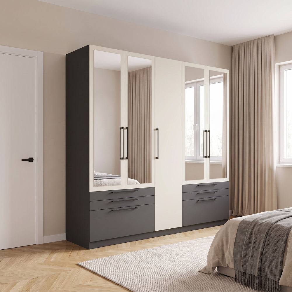 Harley 5 Door 6 Drawer 230cm Mirrored Wardrobe - Cashmere & Anthracite Grey - FurniComp