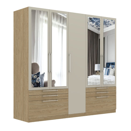 Harley 5 Door 6 Drawer 230cm Mirrored Wardrobe - Cashmere & Oak - FurniComp