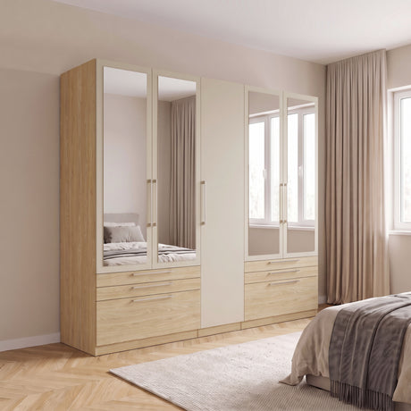 Harley 5 Door 6 Drawer 230cm Mirrored Wardrobe - Cashmere & Oak - FurniComp
