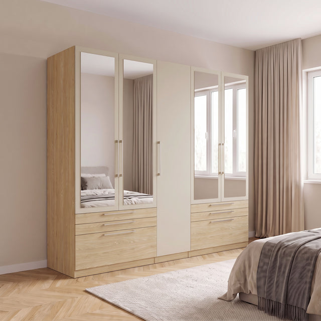 Harley 5 Door 6 Drawer 230cm Mirrored Wardrobe - Cashmere & Oak - FurniComp