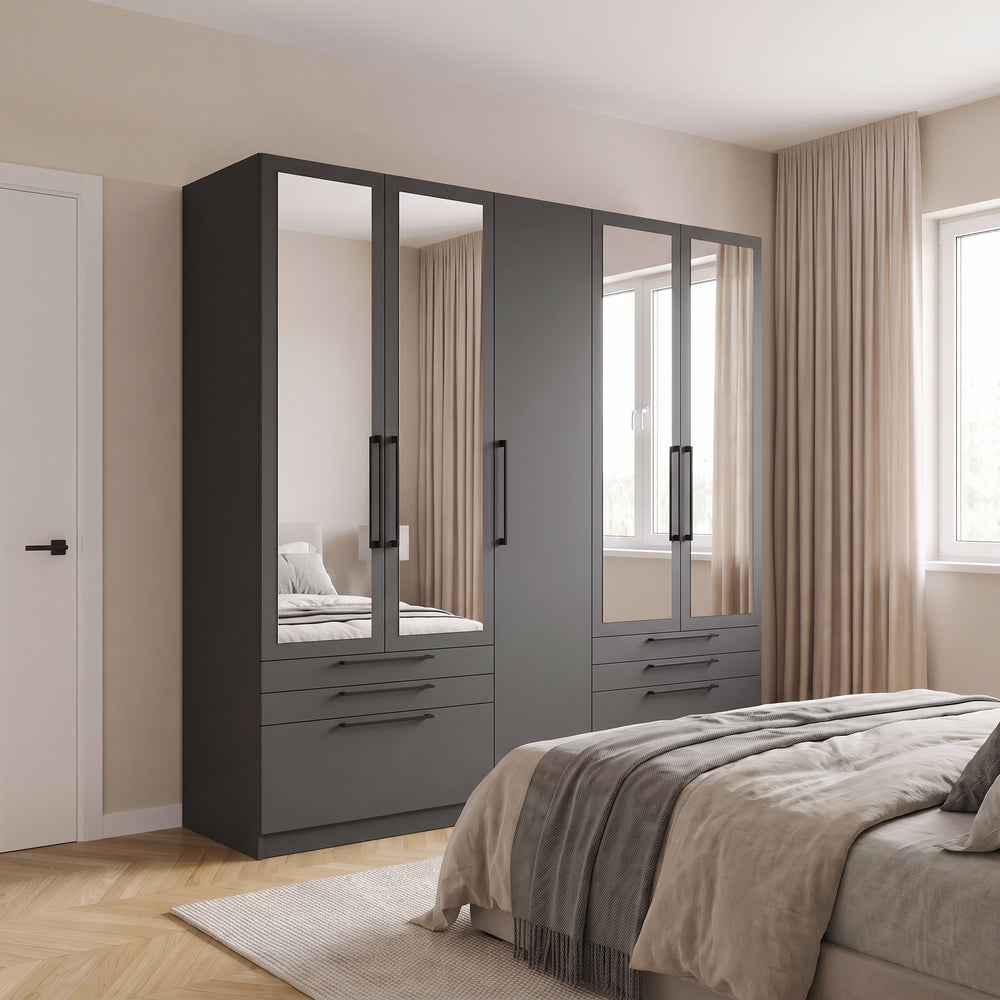 Harley 5 Door 6 Drawer 230cm Mirrored Wardrobe - Anthracite Grey - FurniComp