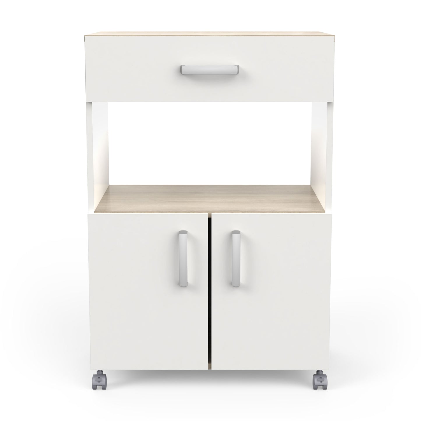 Harvey Kitchen Pantry Trolley with Microwave Shelf - Matt White & Kronberg Oak - FurniComp