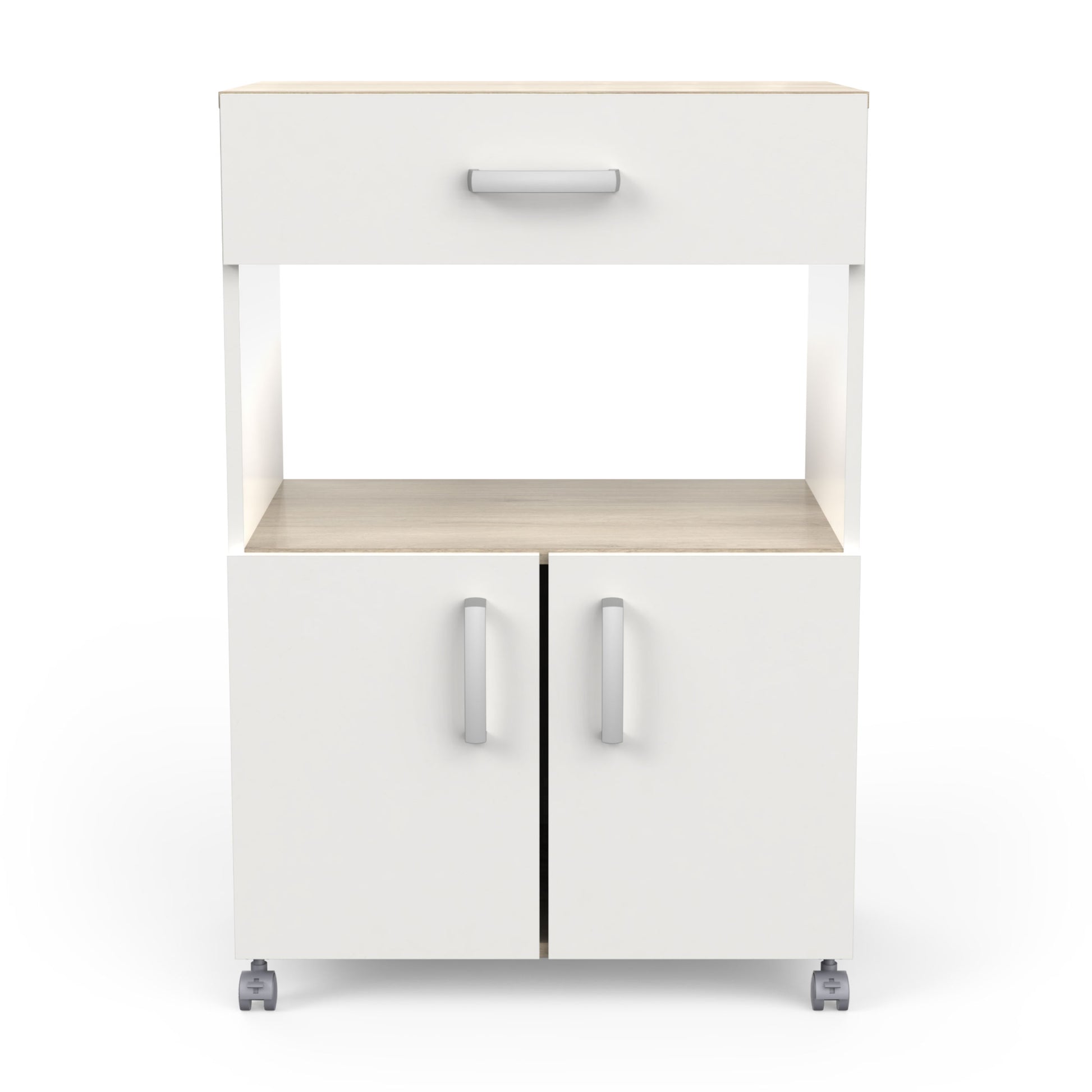 Harvey Kitchen Pantry Trolley with Microwave Shelf - Matt White & Kronberg Oak - FurniComp