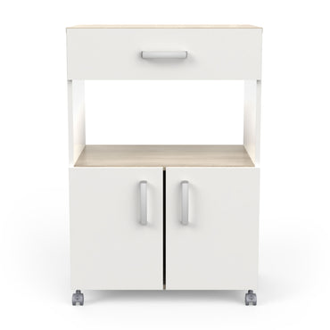 Harvey Kitchen Pantry Trolley with Microwave Shelf - Matt White & Kronberg Oak - FurniComp