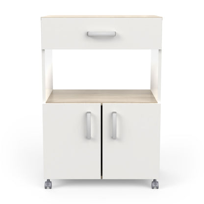 Harvey Kitchen Pantry Trolley with Microwave Shelf - Matt White & Kronberg Oak - FurniComp