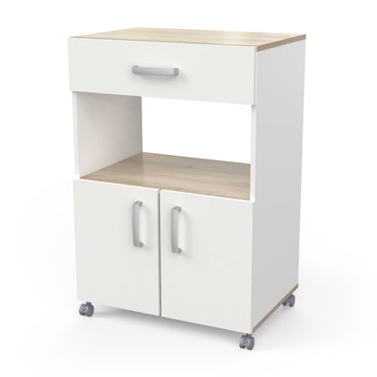 Harvey Kitchen Pantry Trolley with Microwave Shelf - Matt White & Kronberg Oak - FurniComp