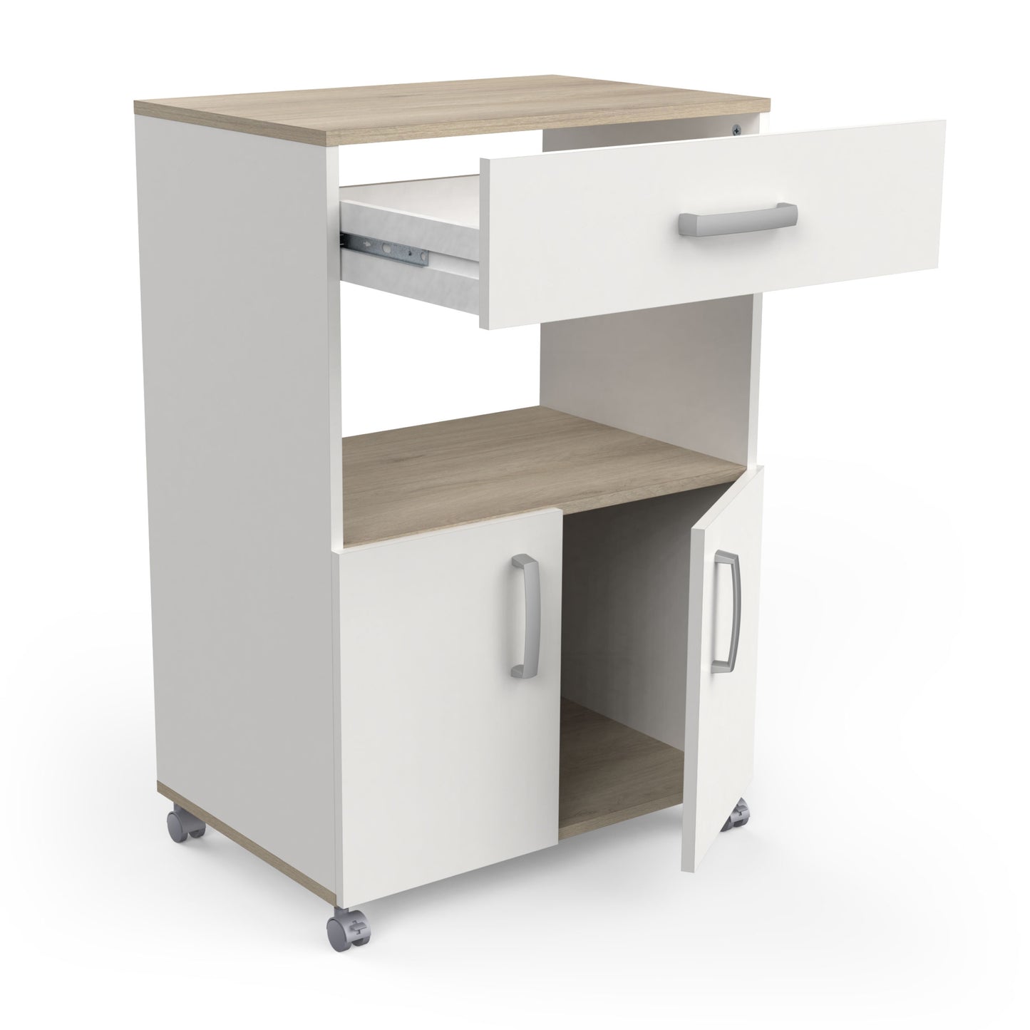 Harvey Kitchen Pantry Trolley with Microwave Shelf - Matt White & Kronberg Oak - FurniComp