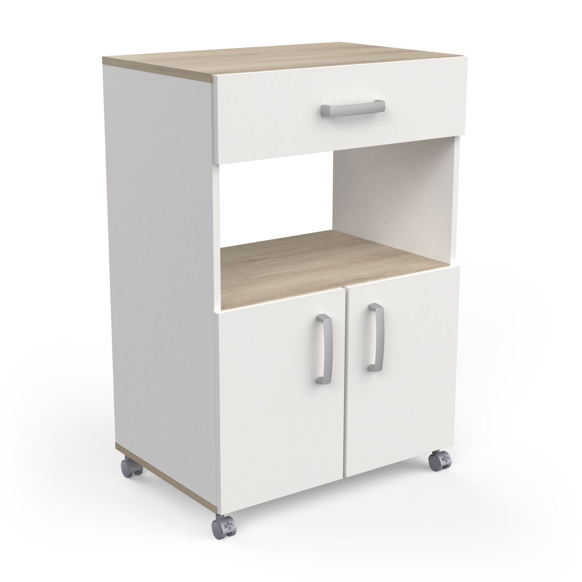 Harvey Kitchen Pantry Trolley with Microwave Shelf - Matt White & Kronberg Oak - FurniComp