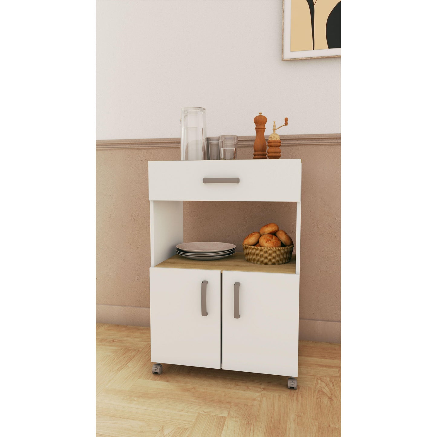 Harvey Kitchen Pantry Trolley with Microwave Shelf - Matt White & Kronberg Oak - FurniComp