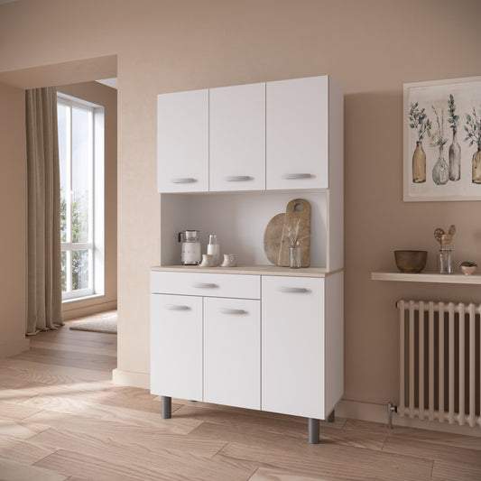 Hunter Tall Kitchen Pantry Cupboard with Microwave Shelf - Matt White & Acacia Oak - FurniComp