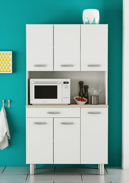 Hunter Tall Kitchen Pantry Cupboard with Microwave Shelf - Matt White & Acacia Oak - FurniComp