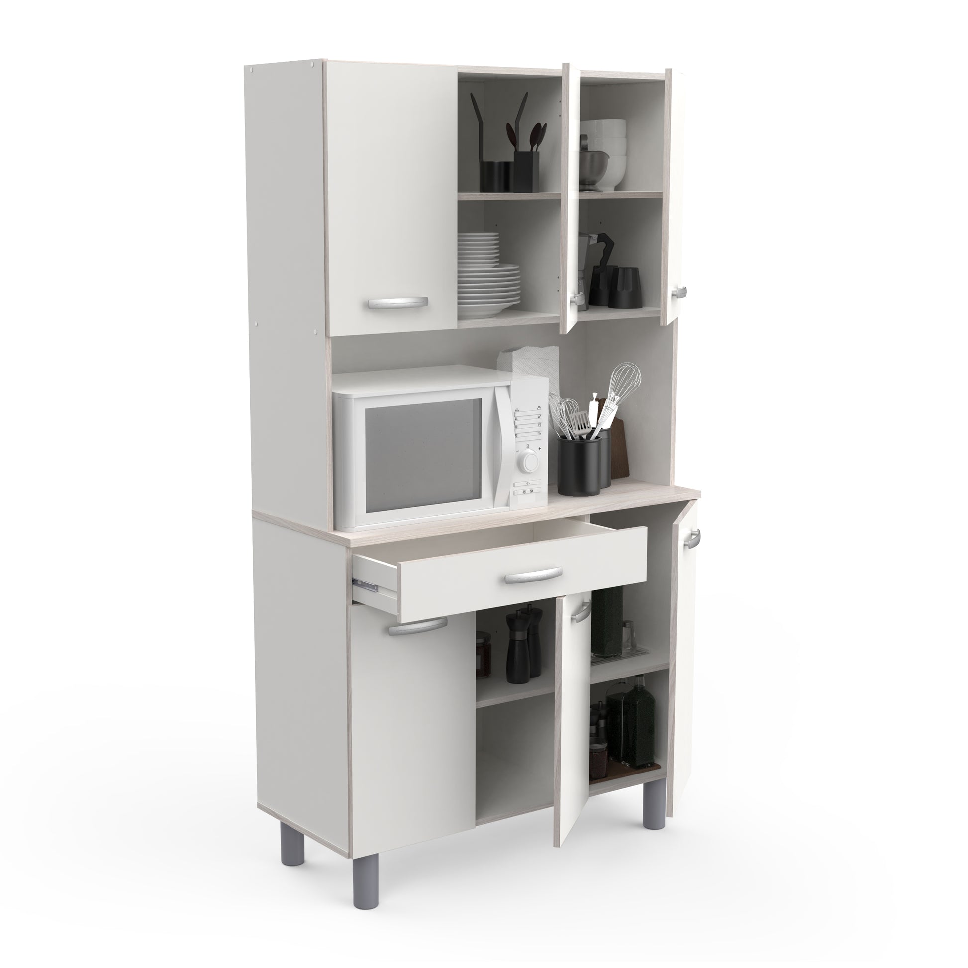 Hunter Tall Kitchen Pantry Cupboard with Microwave Shelf - Matt White & Acacia Oak - FurniComp