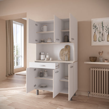 Hunter Tall Kitchen Pantry Cupboard with Microwave Shelf - Matt White & Acacia Oak - FurniComp