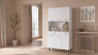 Hunter Tall Kitchen Pantry Cupboard with Microwave Shelf - Matt White & Acacia Oak - FurniComp