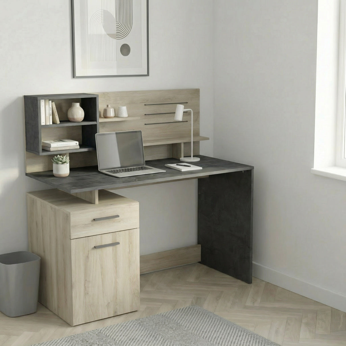 Jade 1 Door 1 Drawer Black and Oak Office Desk - FurniComp