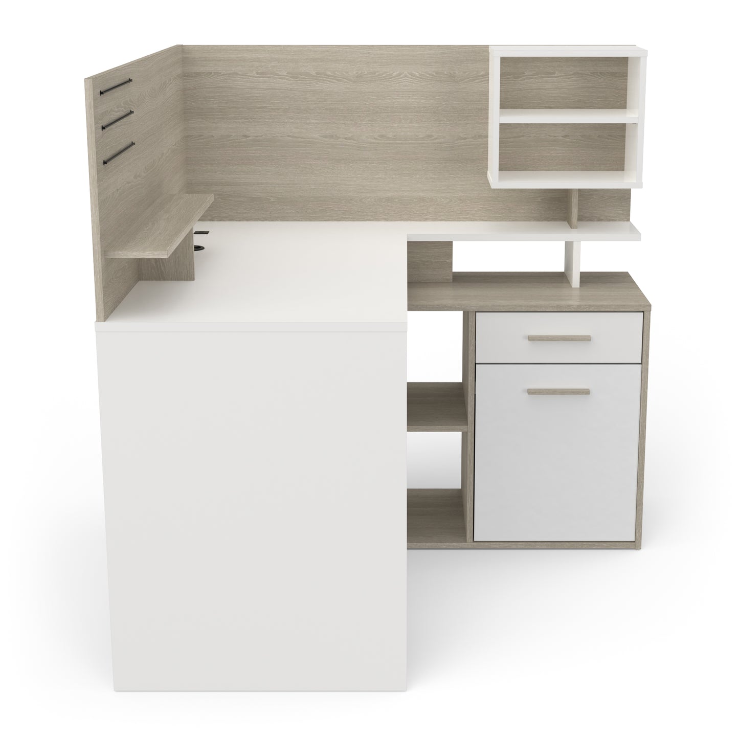 Jade 1 Door 1 Drawer White and Oak L Shaped Corner Office Desk with Hutch - FurniComp