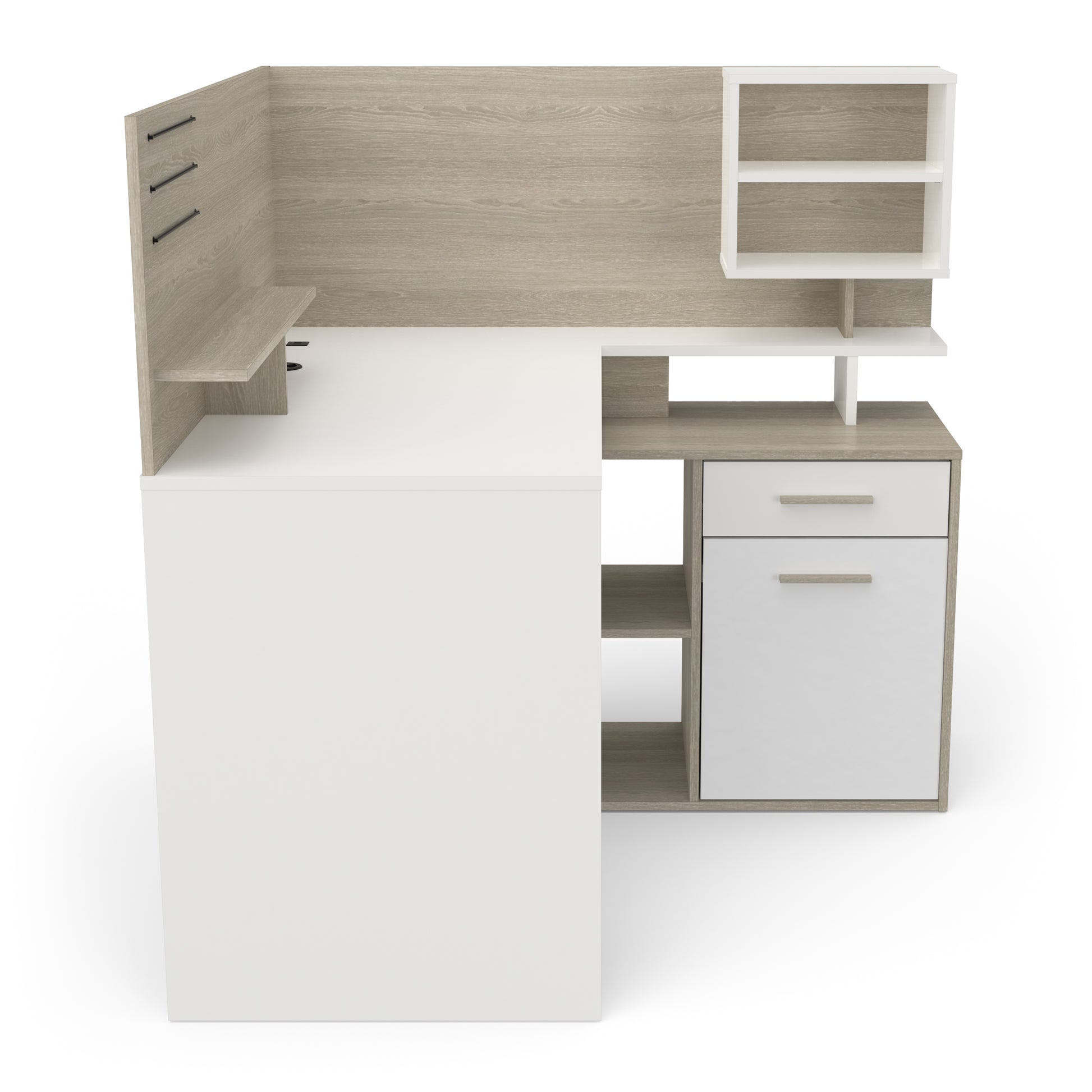 Jade 1 Door 1 Drawer White and Oak L Shaped Corner Office Desk with Hutch - FurniComp