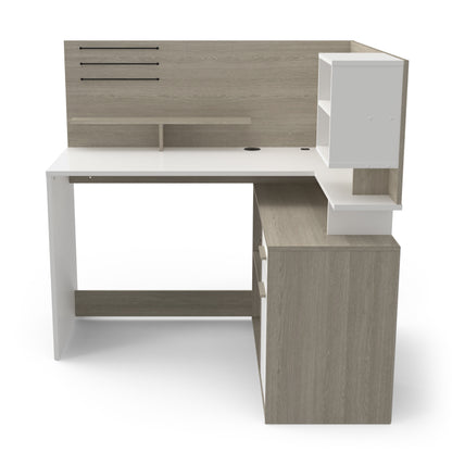 Jade 1 Door 1 Drawer White and Oak L Shaped Corner Office Desk with Hutch - FurniComp