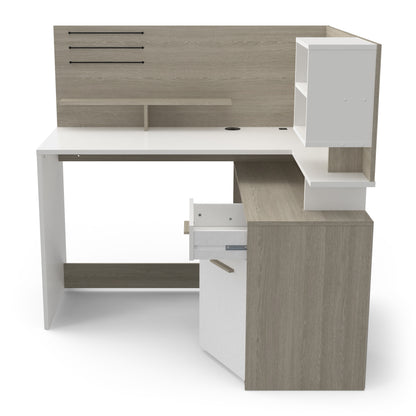 Jade 1 Door 1 Drawer White and Oak L Shaped Corner Office Desk with Hutch - FurniComp