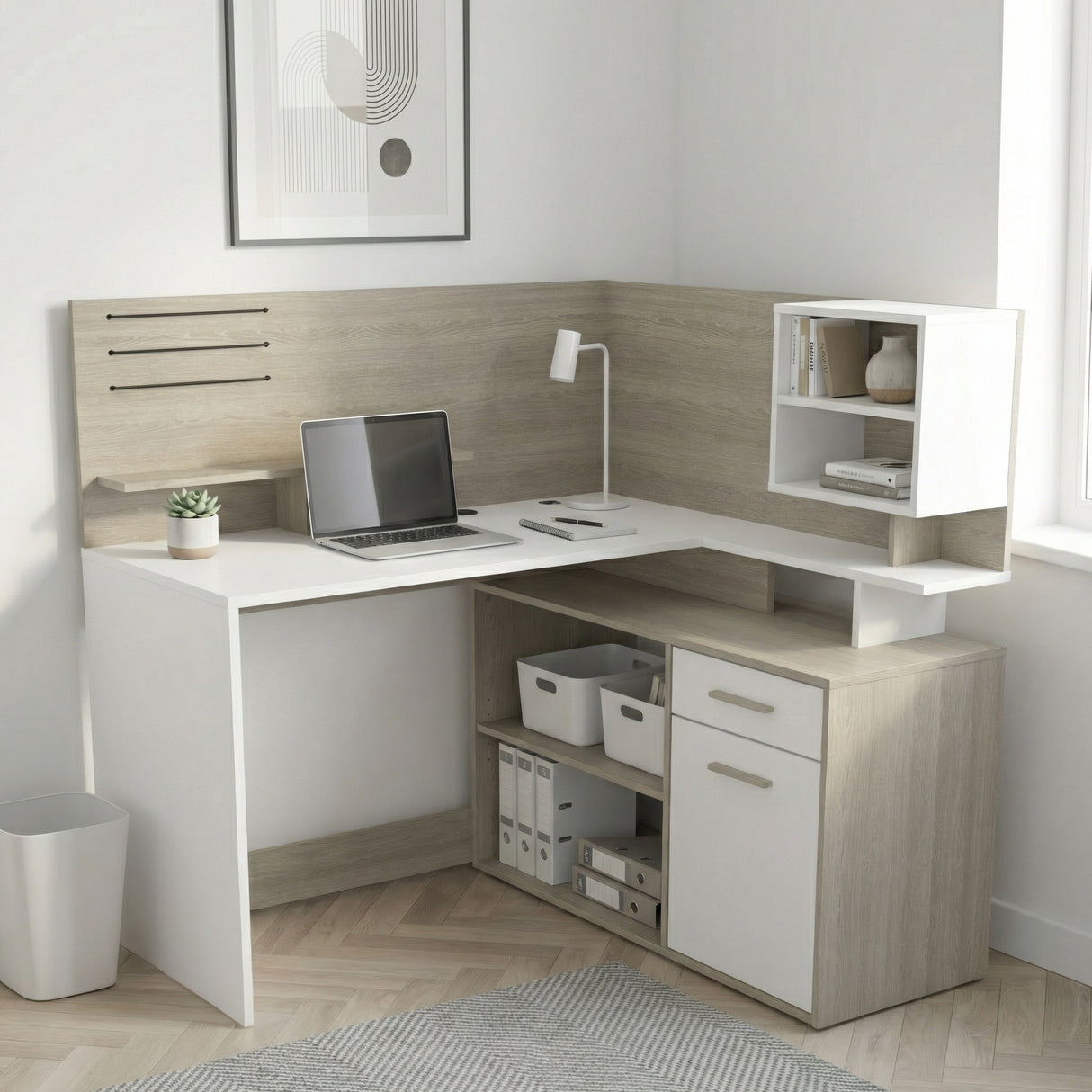 Jade 1 Door 1 Drawer White and Oak L Shaped Corner Office Desk with Hutch - FurniComp