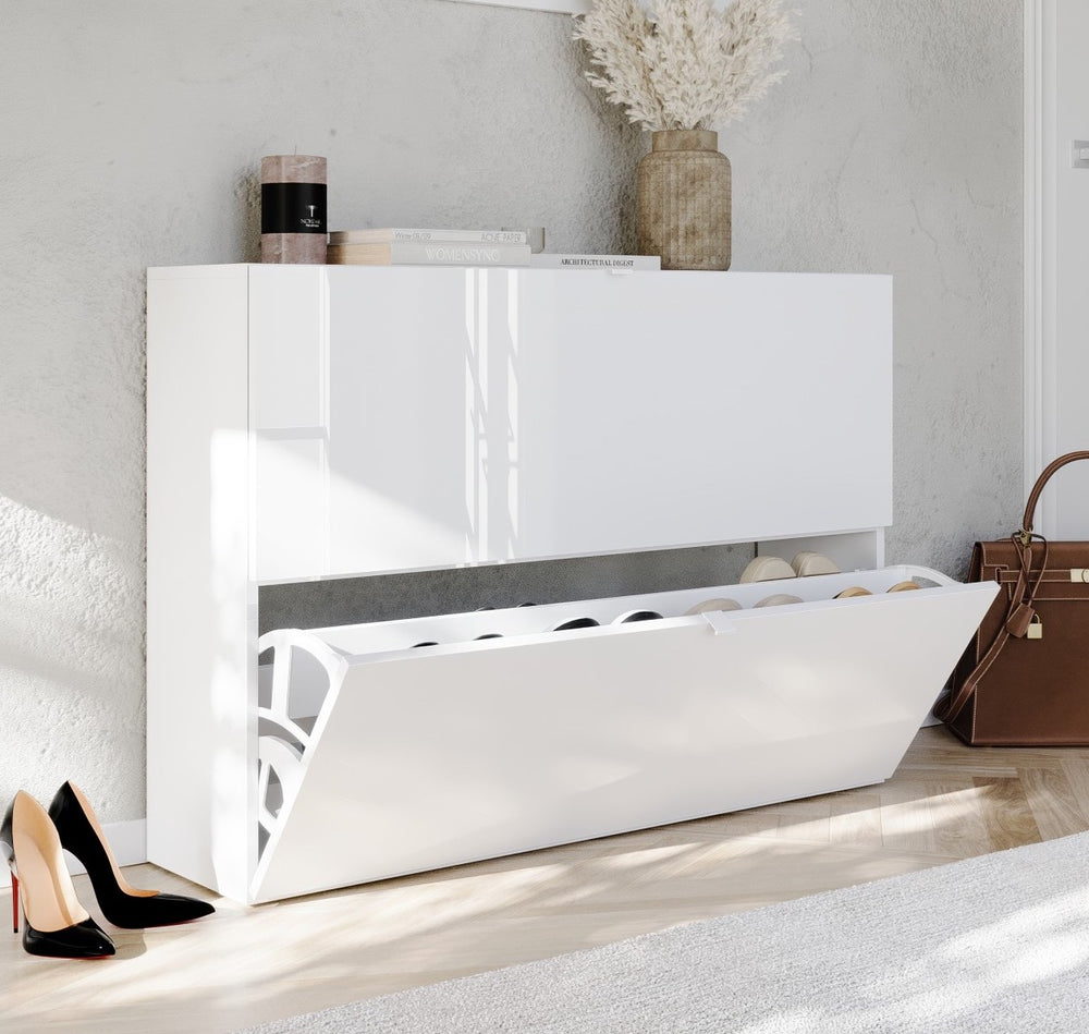 Kompact 2 Tier 100cm White Gloss Shoe Cabinet with Flap Door - FurniComp