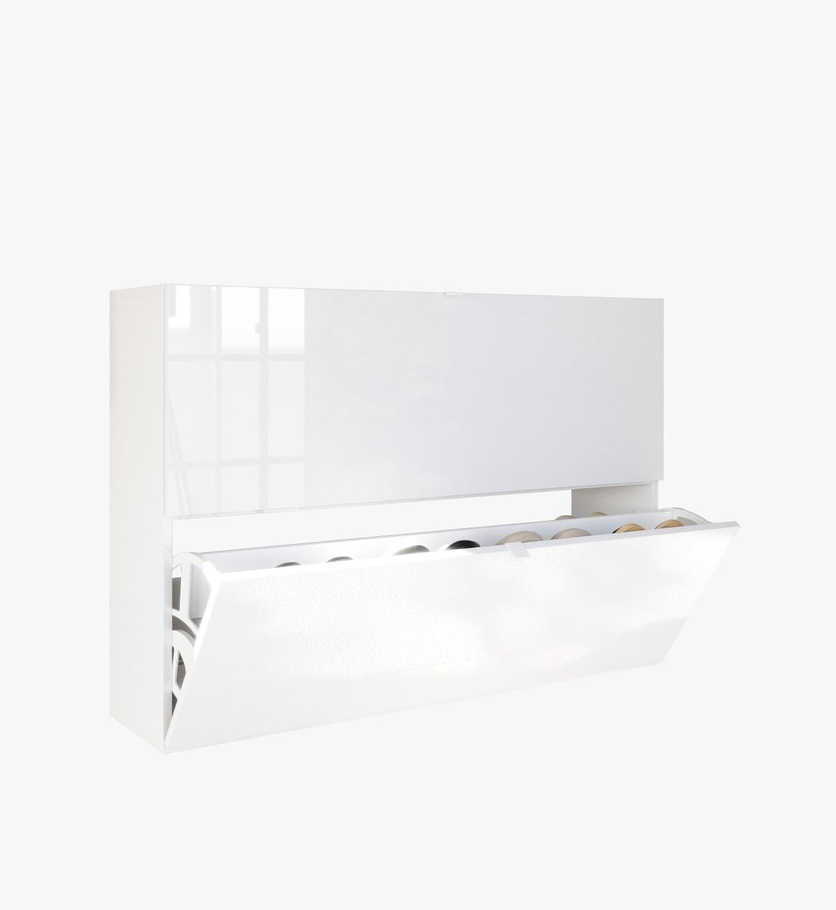 Kompact 2 Tier 100cm White Gloss Shoe Cabinet with Flap Door - FurniComp