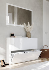 Kompact 2 Tier 100cm White Gloss Shoe Cabinet with Flap Door - FurniComp