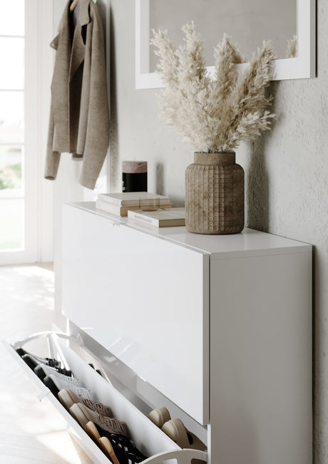 Kompact 2 Tier 100cm White Gloss Shoe Cabinet with Flap Door - FurniComp