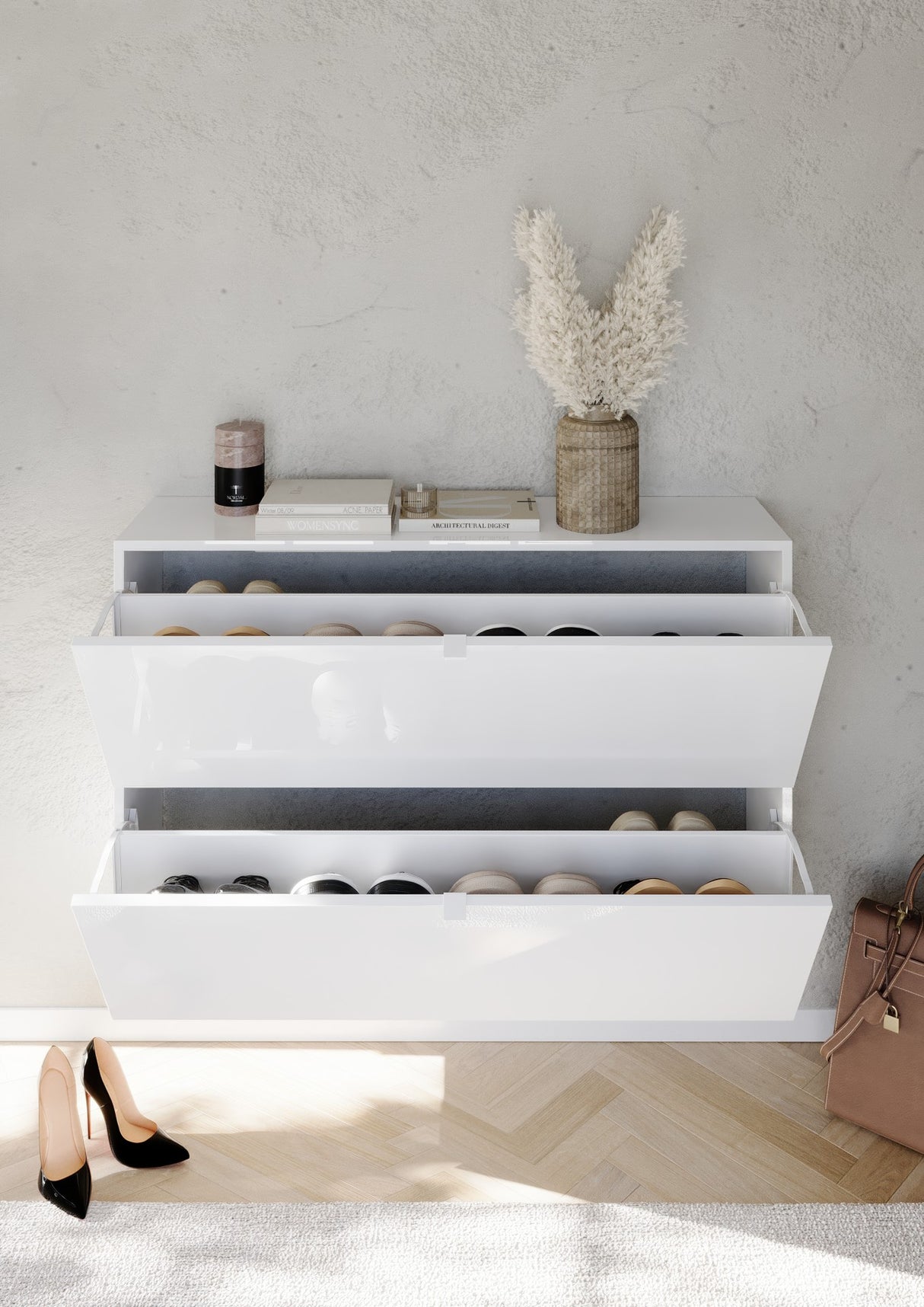 Kompact 2 Tier 100cm White Gloss Shoe Cabinet with Flap Door - FurniComp