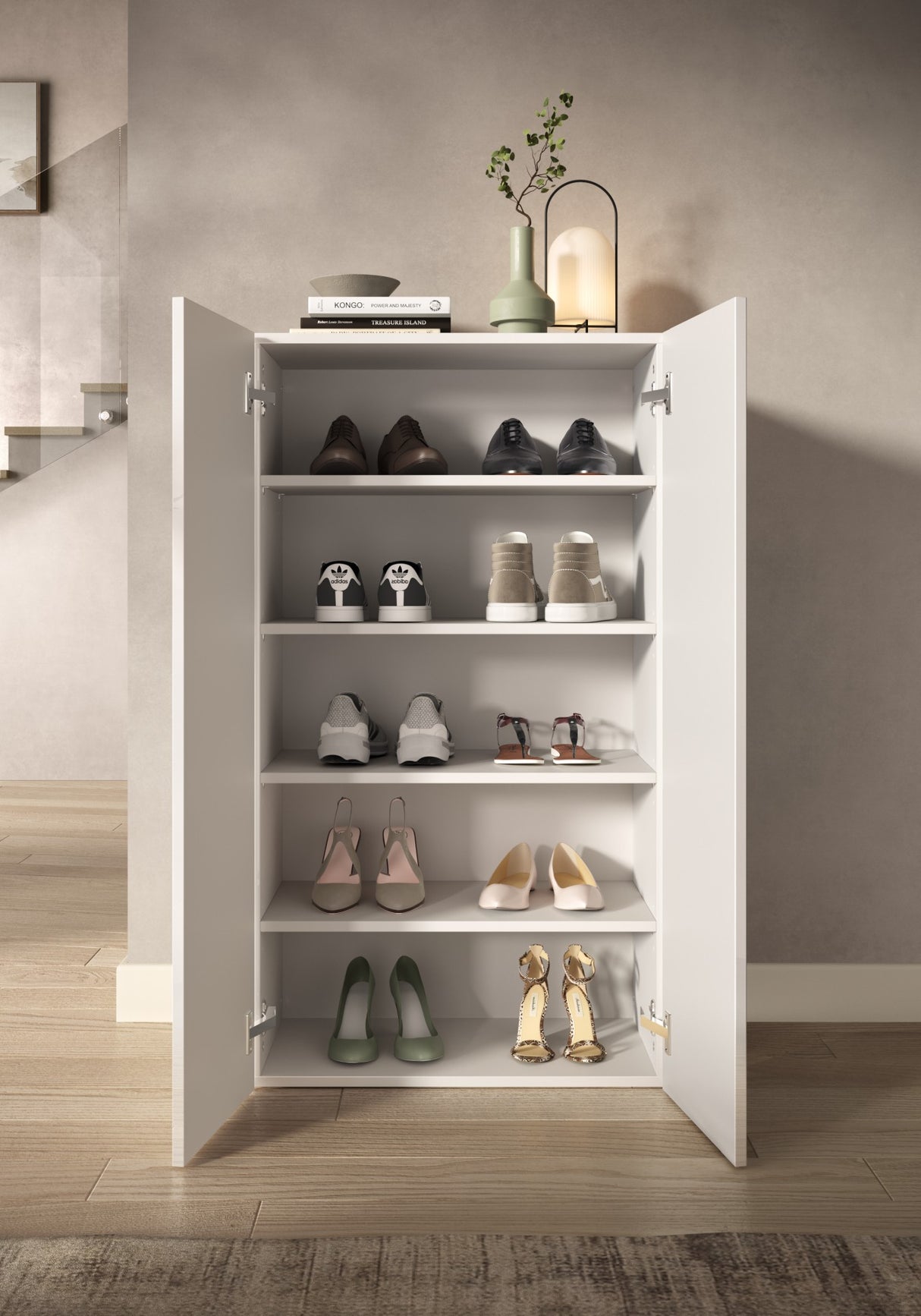 Kompact 2 Door 60cm White Gloss 15 Pair Shoe Storage Cabinet - FurniComp