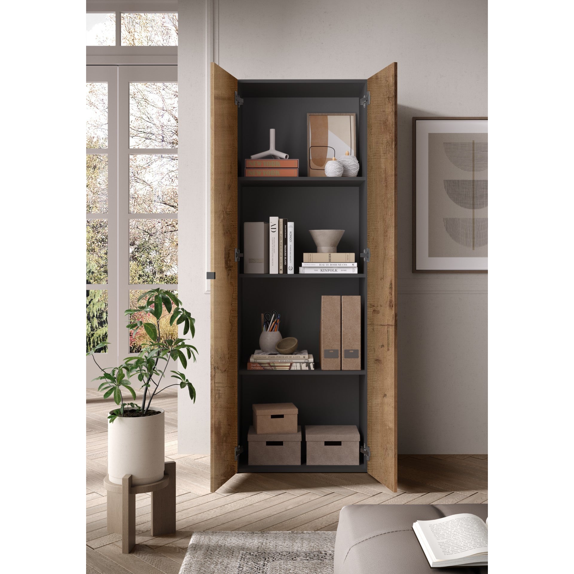 Kompact Black and Pero Oak Tall 2 Door Storage Cupboard/Filing Cabinet - FurniComp