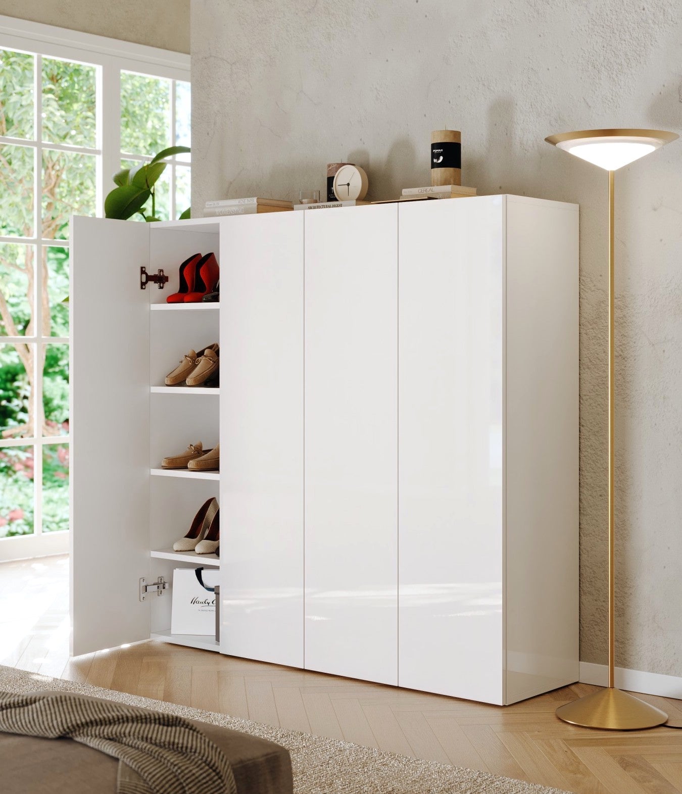 Kompact 4 Door 120cm White Gloss 30 Pair Shoe Storage Cabinet - FurniComp