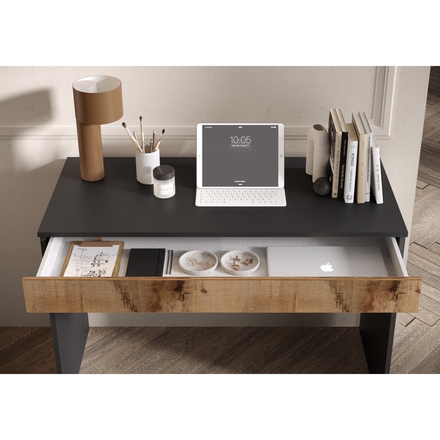 Kompact Large Black and Pero Oak Home Office Desk Study Table - FurniComp