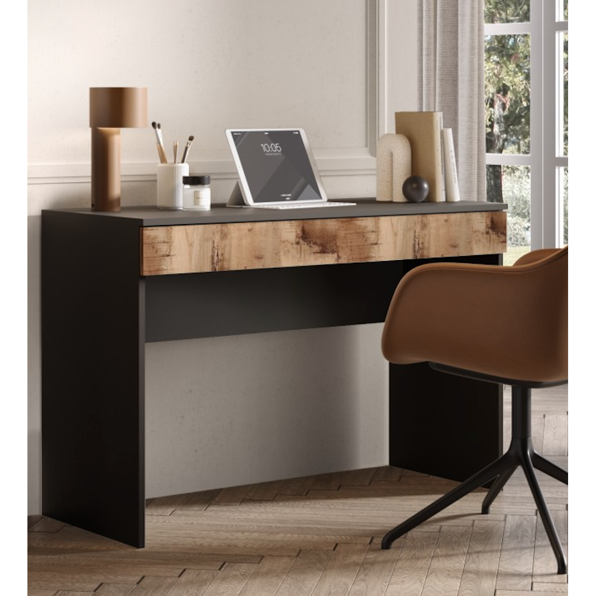 Kompact Large Black and Pero Oak Home Office Desk Study Table - FurniComp