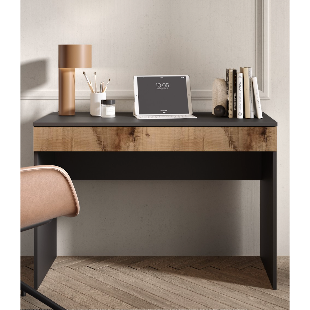 Kompact Large Black and Pero Oak Home Office Desk Study Table - FurniComp