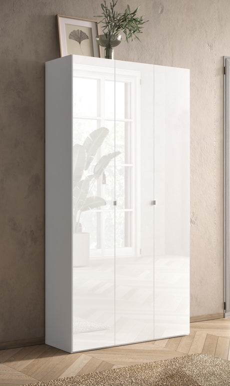 Kompact Multi-Use White Gloss Tall 3 Door Storage Utility Cupboard Cabinet - FurniComp
