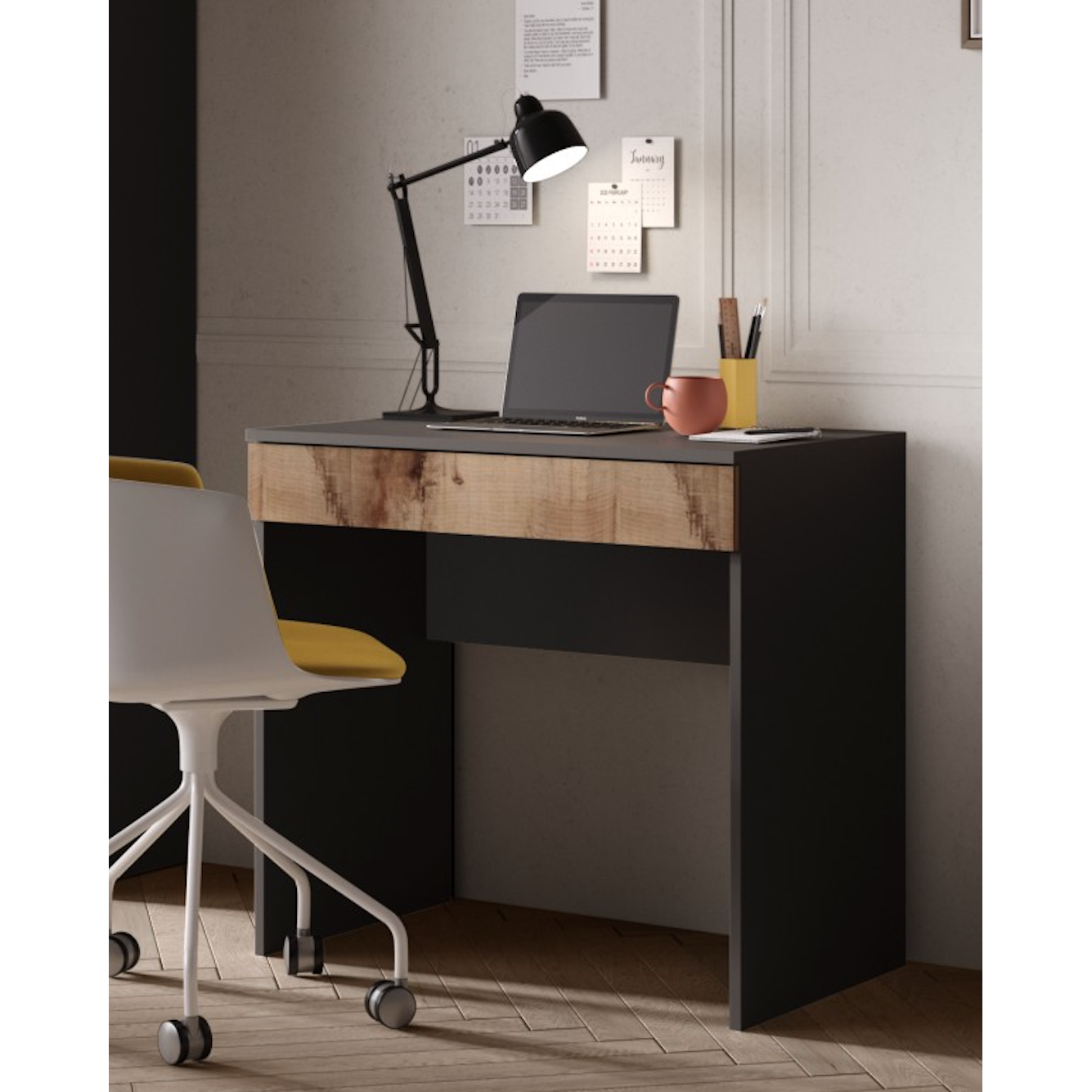 Kompact Small Black and Pero Oak Home Office Desk Study Table - FurniComp