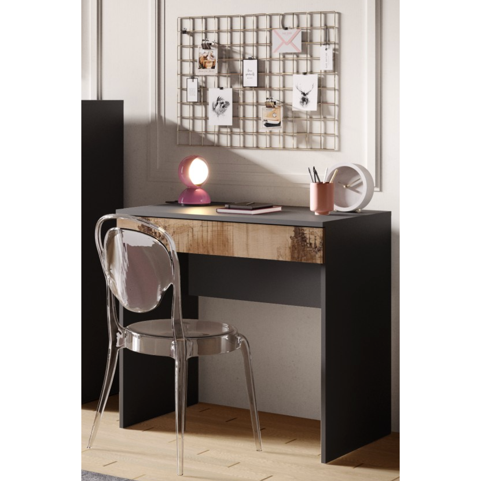 Kompact Small Black and Pero Oak Dressing Table - FurniComp