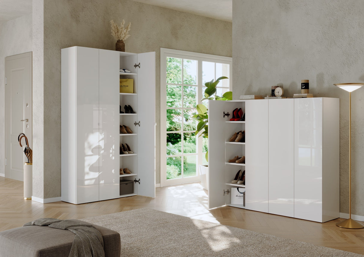 Kompact 2 Tier 100cm White Gloss Shoe Cabinet with Flap Door - FurniComp